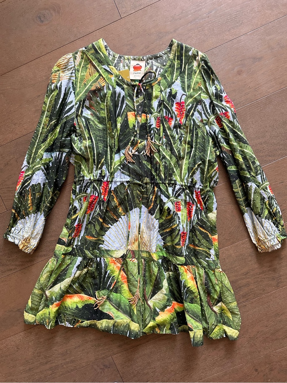 FARM Rio Palm Accent Dress Beaded Tassels Tropical Print XL Boho Mini